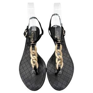 Chanel CC Logo Gold Chain Thong Sandals Black Quilted Leather EU 38.5 US 7.5-8